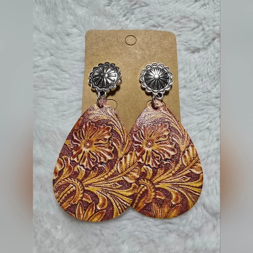 Tear Rain Drop Dangle Earrings Boho Floral Ring Western Cowgirl - Picture 5 of 5